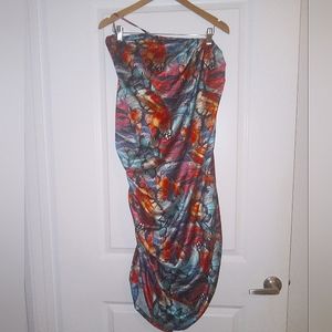 PrettyLittleThing One Shoulder Rouched Satin Butterfly Dress Plus Size 24 Midi